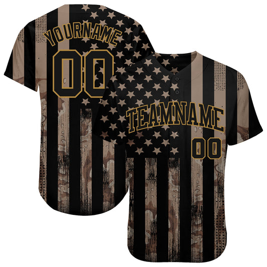 Custom Camo Black-Old Gold 3D Salute To Service American Flag Authentic Baseball Jersey - Sky-Custom