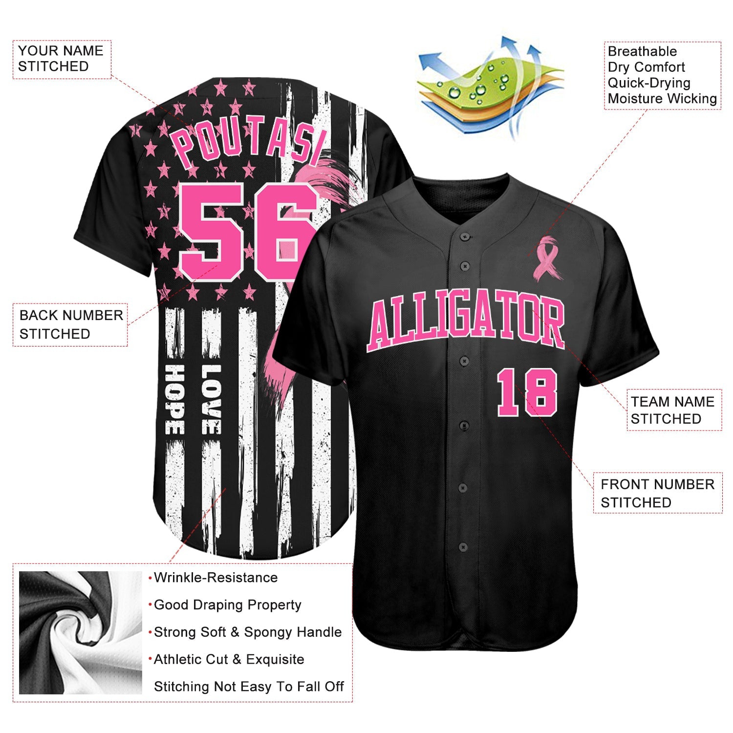 Custom 3D American Flag With Pink Ribbon Breast Cancer Awareness Month Women Health Care Support Authentic Baseball Jersey - Sky-Custom