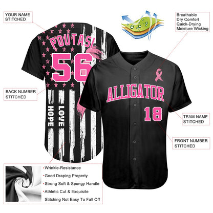 Custom 3D American Flag With Pink Ribbon Breast Cancer Awareness Month Women Health Care Support Authentic Baseball Jersey - Sky-Custom