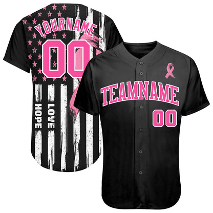 Custom 3D American Flag With Pink Ribbon Breast Cancer Awareness Month Women Health Care Support Authentic Baseball Jersey - Sky-Custom