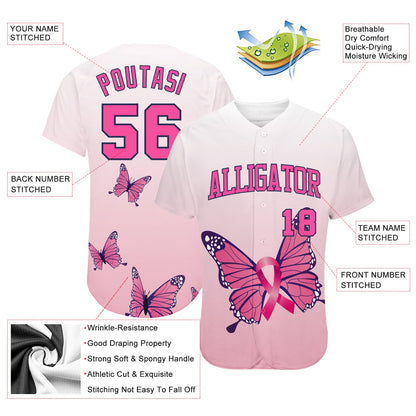 Custom 3D Pink Ribbon Breast Cancer Awareness Month With Butterflies Women Health Care Support Authentic Baseball Jersey - Sky-Custom
