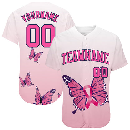 Custom 3D Pink Ribbon Breast Cancer Awareness Month With Butterflies Women Health Care Support Authentic Baseball Jersey - Sky-Custom