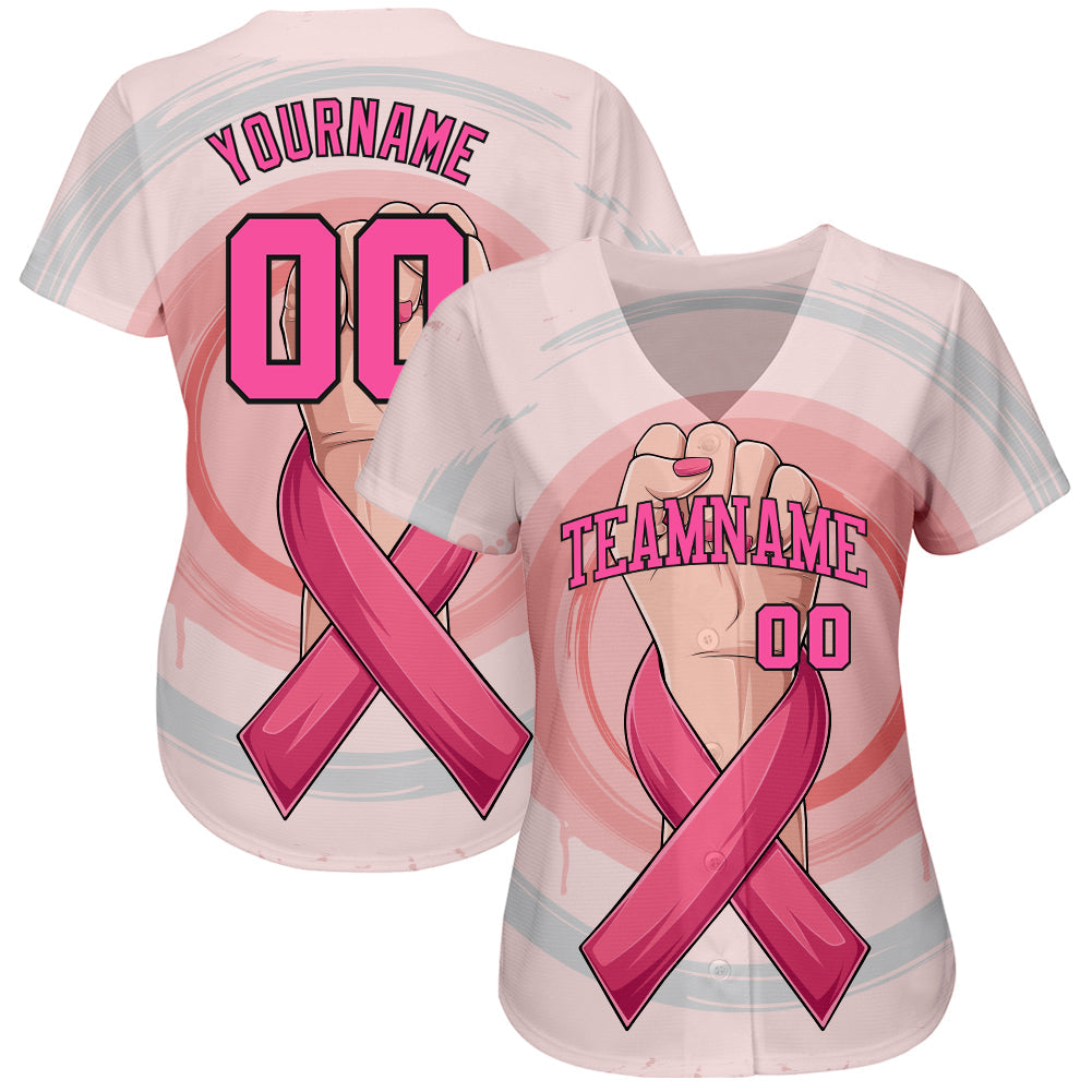 Custom 3D Breast Cancer Awareness Month With Woman Hand And Pink Ribbon Women Health Care Support Authentic Baseball Jersey - Sky-Custom
