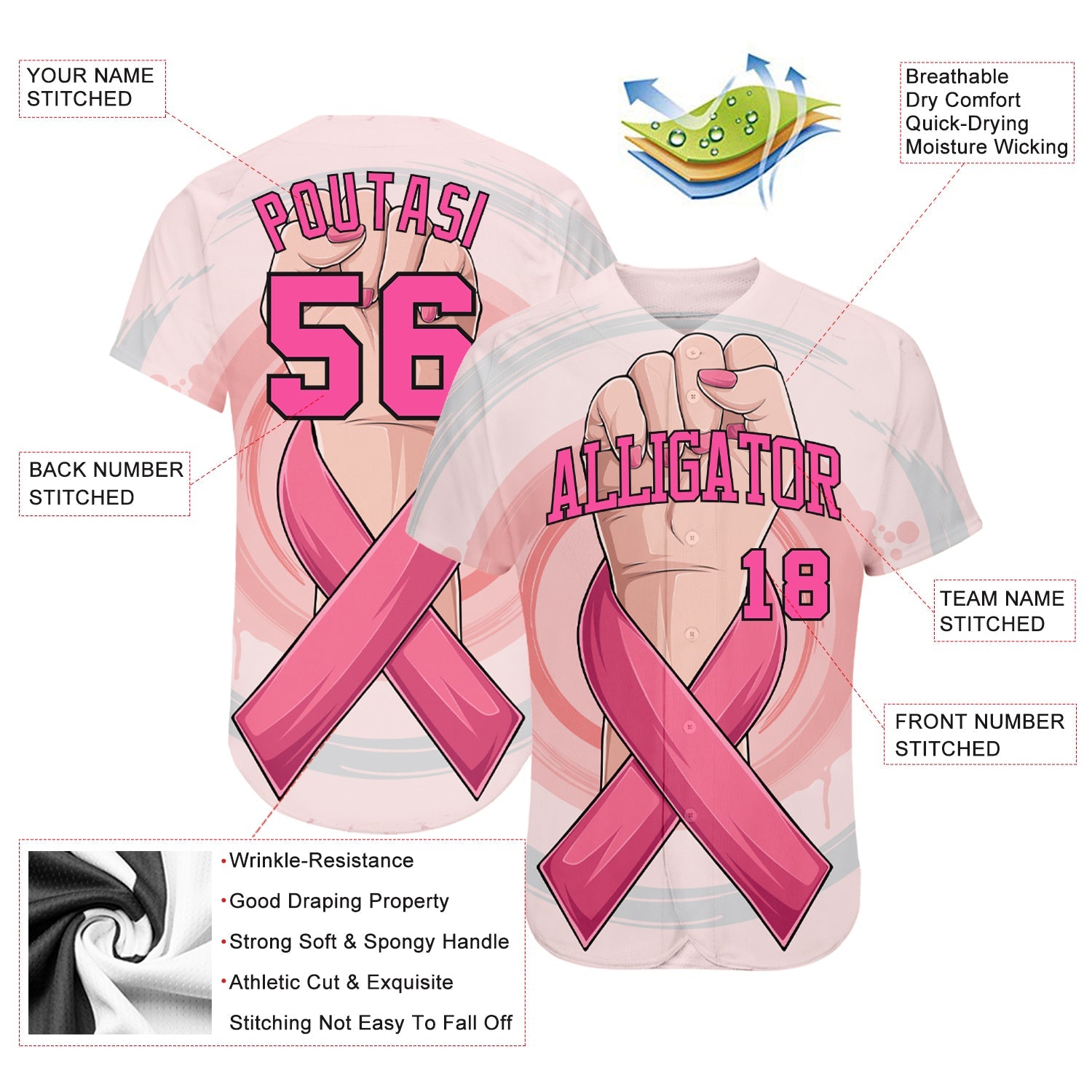Custom 3D Breast Cancer Awareness Month With Woman Hand And Pink Ribbon Women Health Care Support Authentic Baseball Jersey - Sky-Custom