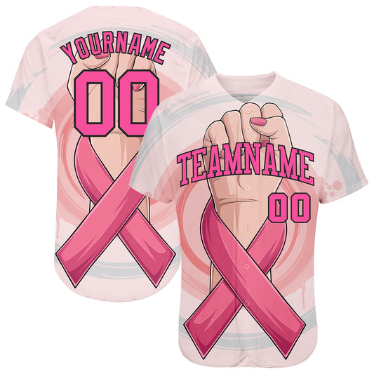 Custom 3D Breast Cancer Awareness Month With Woman Hand And Pink Ribbon Women Health Care Support Authentic Baseball Jersey - Sky-Custom