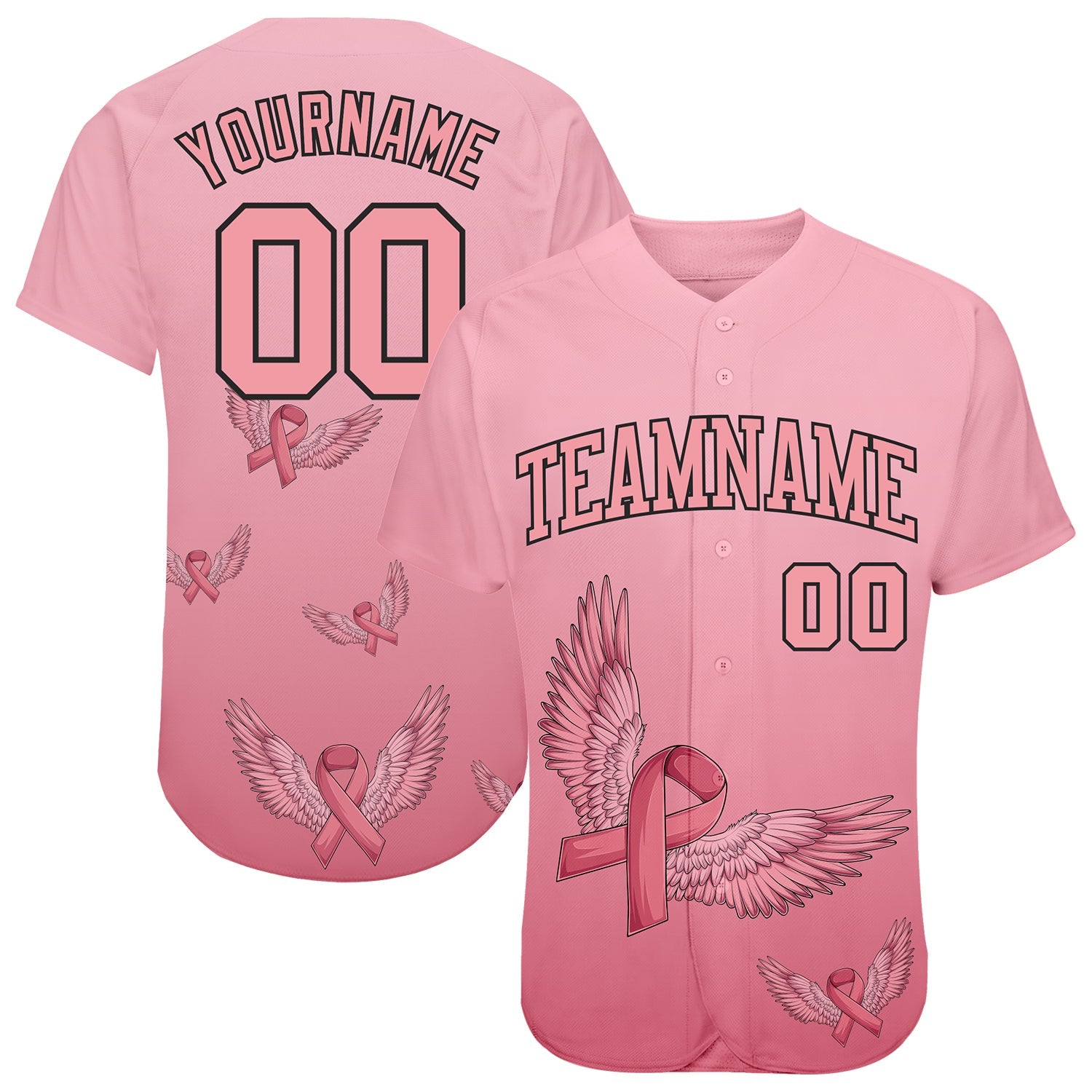 Custom 3D Pink Ribbon With Angel Wings Breast Cancer Awareness Month Women Health Care Support Authentic Baseball Jersey - Sky-Custom
