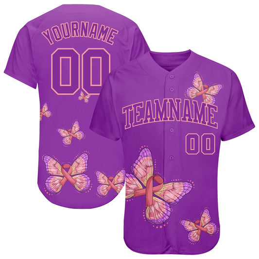 Custom 3D Pink Ribbon With Butterfly Wings Breast Cancer Awareness Month Women Health Care Support Authentic Baseball Jersey - Sky-Custom