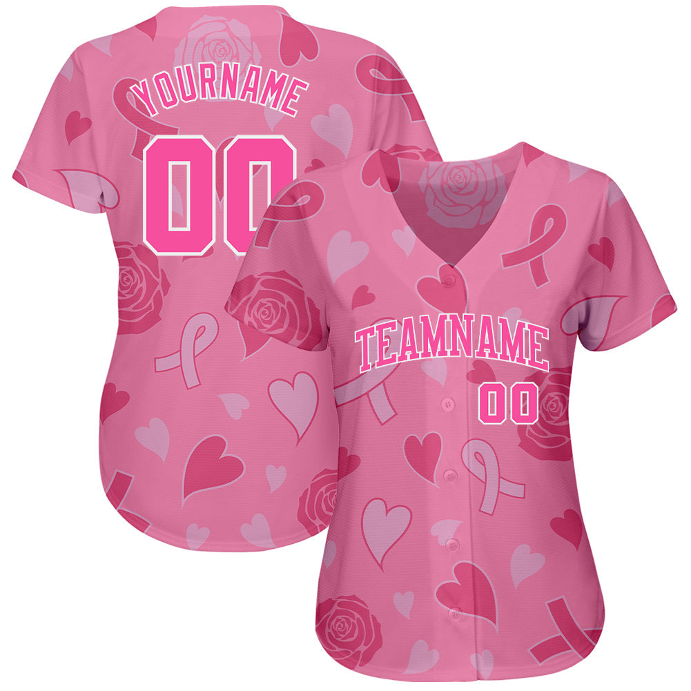 Custom 3D Pink Ribbon Breast Cancer Awareness Month Women Health Care Support Authentic Baseball Jersey - Sky-Custom