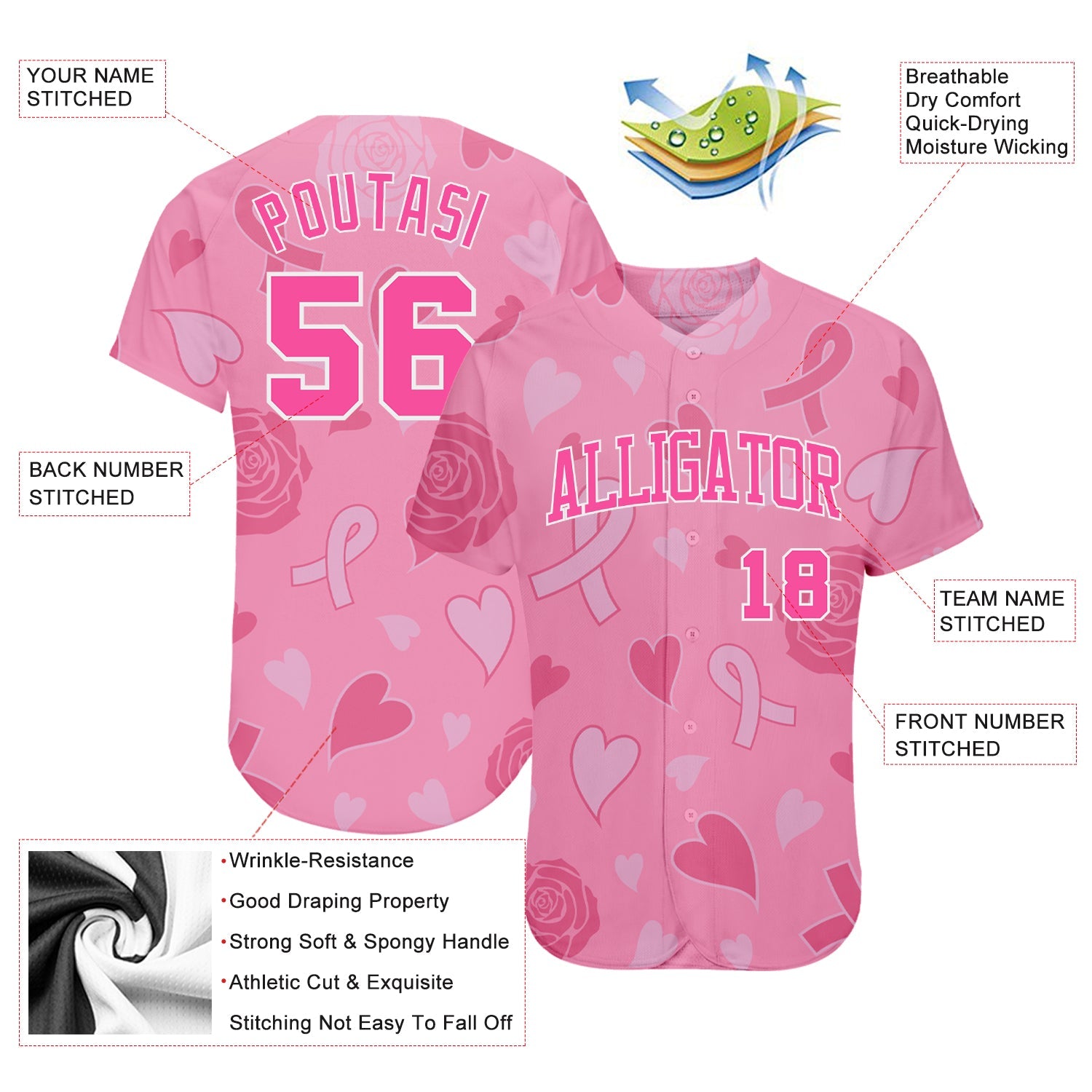 Custom 3D Pink Ribbon Breast Cancer Awareness Month Women Health Care Support Authentic Baseball Jersey - Sky-Custom
