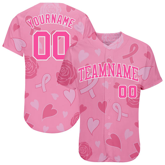Custom 3D Pink Ribbon Breast Cancer Awareness Month Women Health Care Support Authentic Baseball Jersey - Sky-Custom