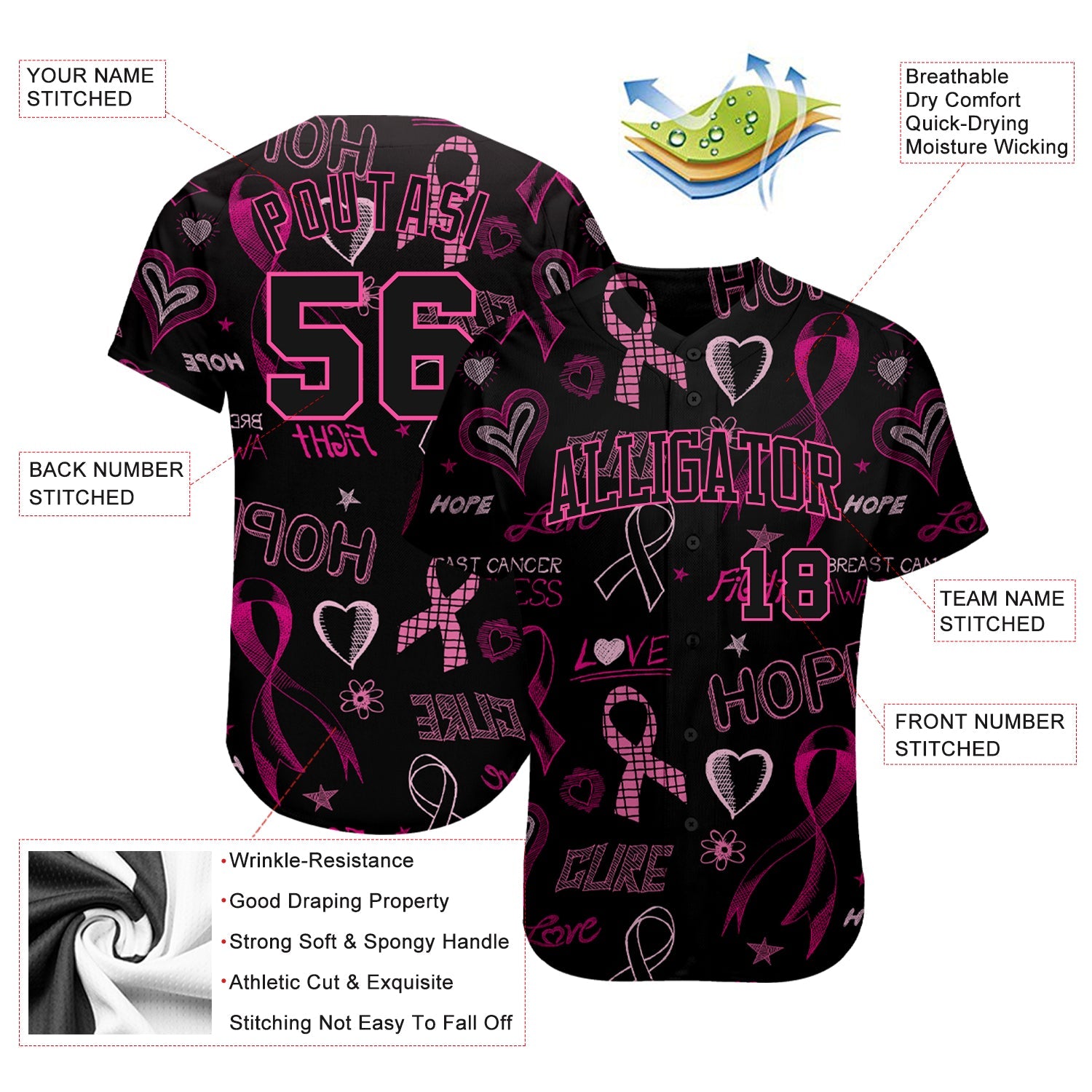 Custom 3D Pink Ribbon Breast Cancer Awareness Month Women Health Care Support Authentic Baseball Jersey - Sky-Custom