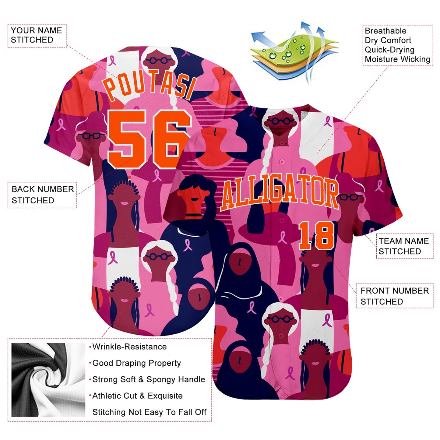 Custom 3D Pink Ribbon Breast Cancer Awareness Month Women Health Care Support Authentic Baseball Jersey - Sky-Custom