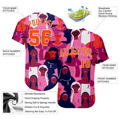 Custom 3D Pink Ribbon Breast Cancer Awareness Month Women Health Care Support Authentic Baseball Jersey - Sky-Custom