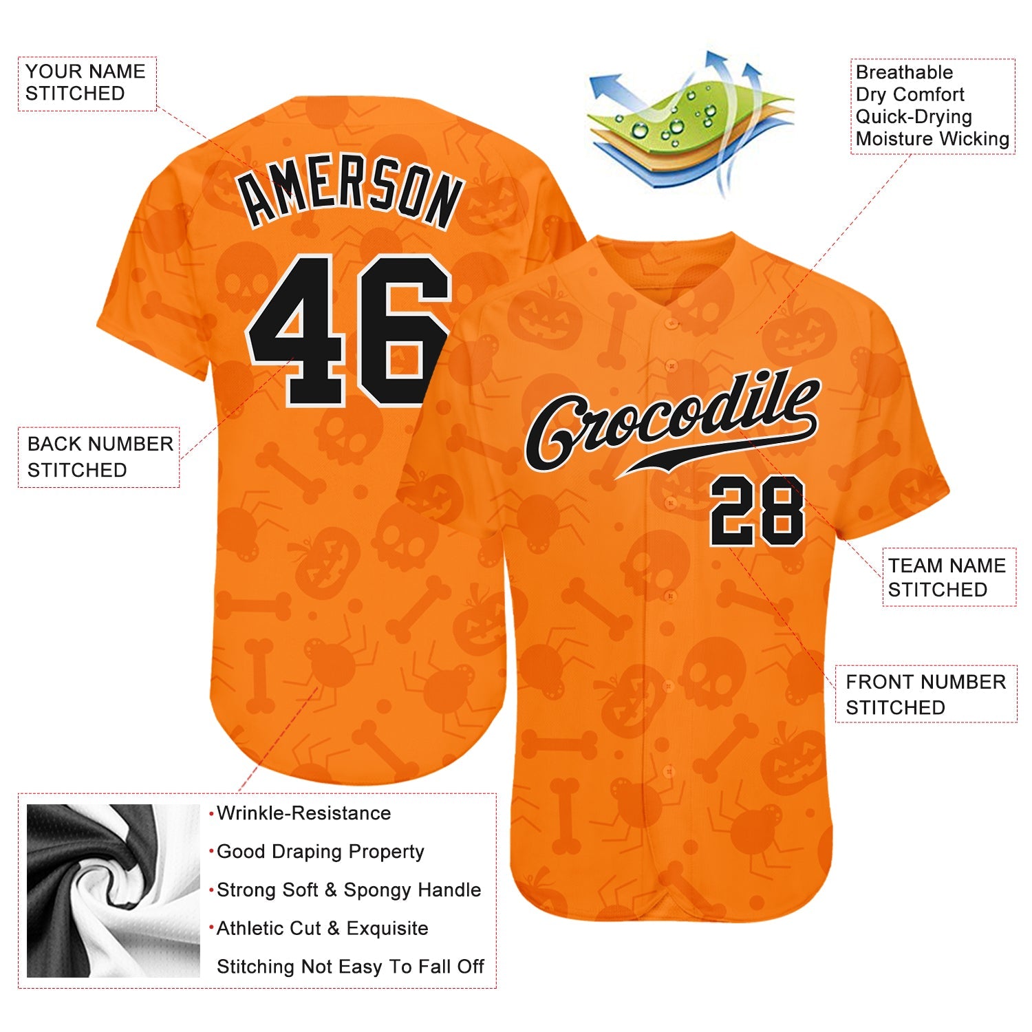 Custom 3D Pattern Halloween Pumpkins Skulls Candies Spiders Authentic Baseball Jersey - Sky-Custom