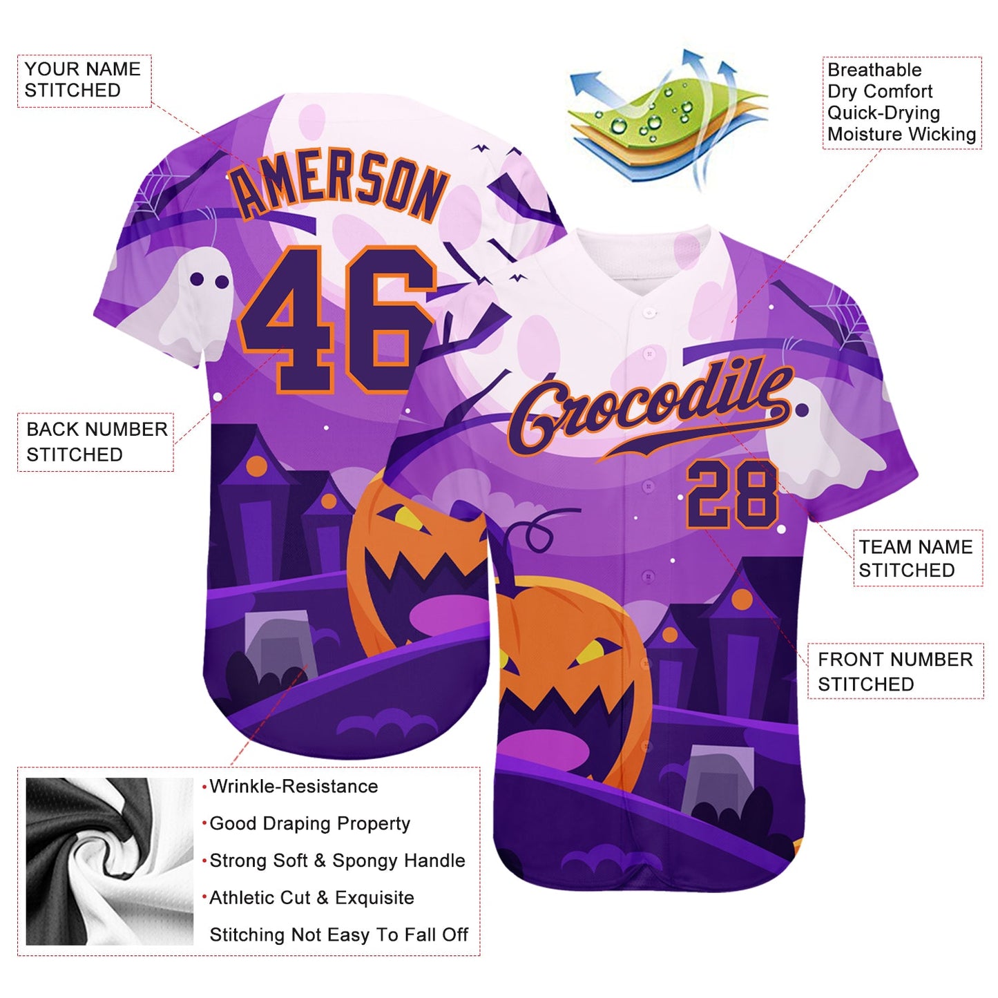 Custom 3D Pattern Halloween Pumpkins Horror Night Authentic Baseball Jersey - Sky-Custom