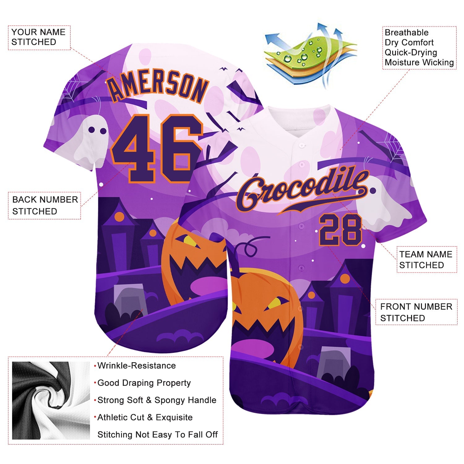 Custom 3D Pattern Halloween Pumpkins Horror Night Authentic Baseball Jersey - Sky-Custom