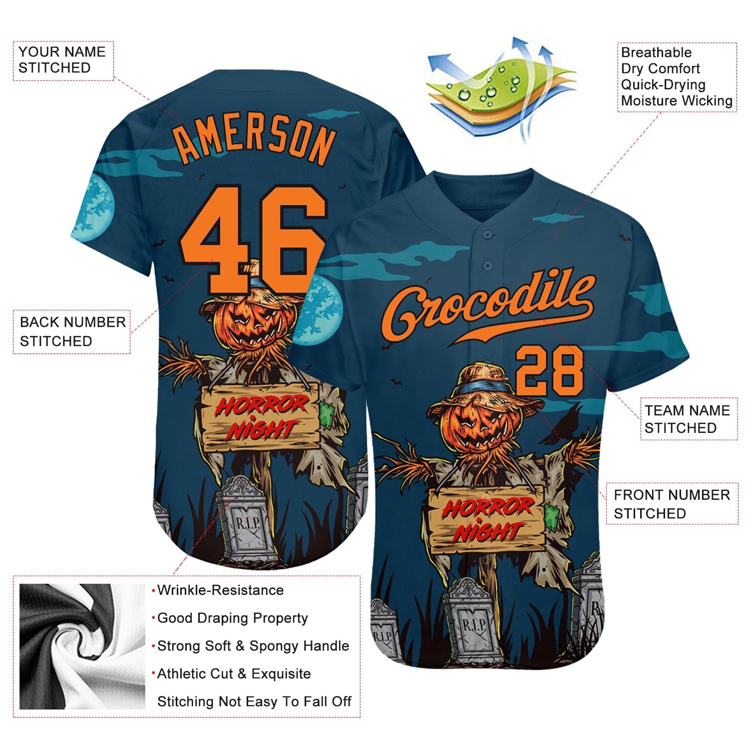 Custom 3D Pattern Halloween Pumpkins Horror Night Authentic Baseball Jersey - Sky-Custom