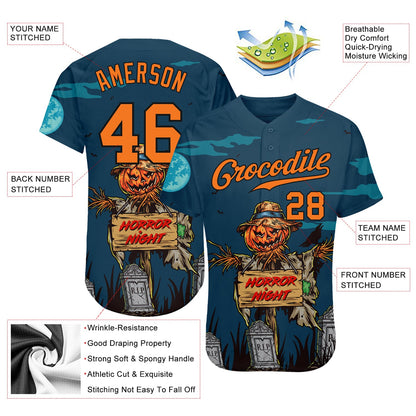 Custom 3D Pattern Halloween Pumpkins Horror Night Authentic Baseball Jersey - Sky-Custom