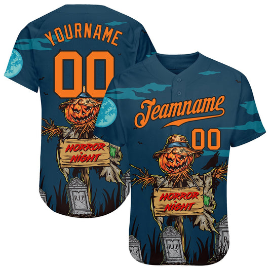 Custom 3D Pattern Halloween Pumpkins Horror Night Authentic Baseball Jersey - Sky-Custom
