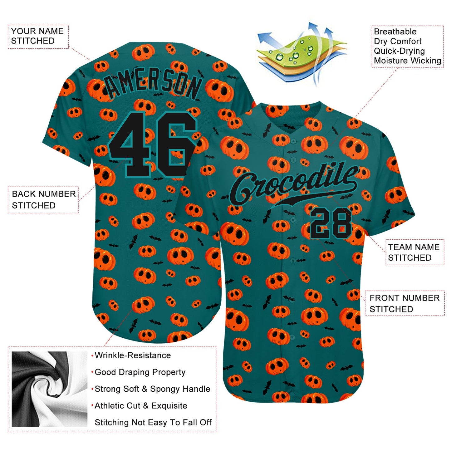 Custom 3D Pattern Halloween Pumpkins Authentic Baseball Jersey - Sky-Custom