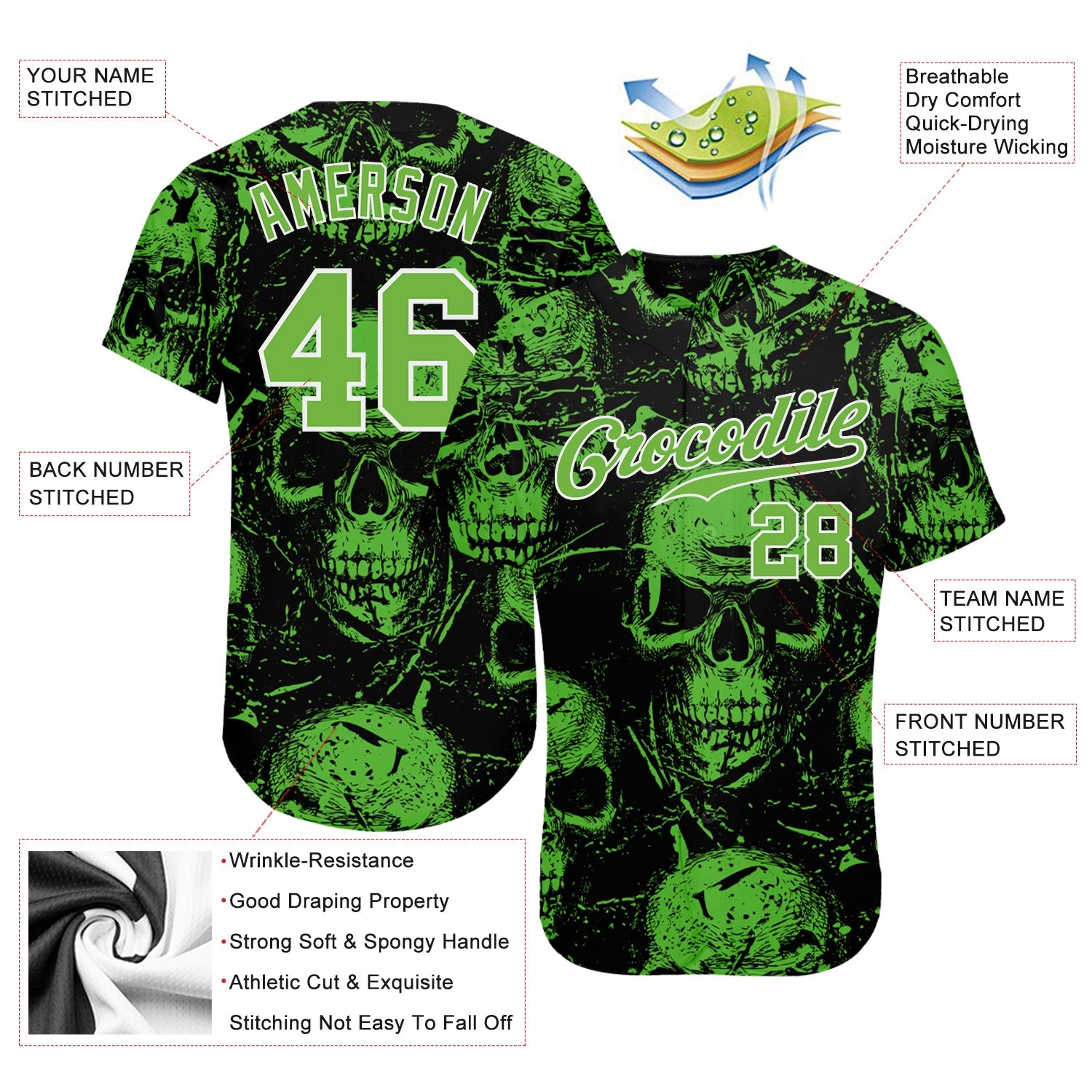 Custom 3D Pattern Halloween Skulls Authentic Baseball Jersey - Sky-Custom