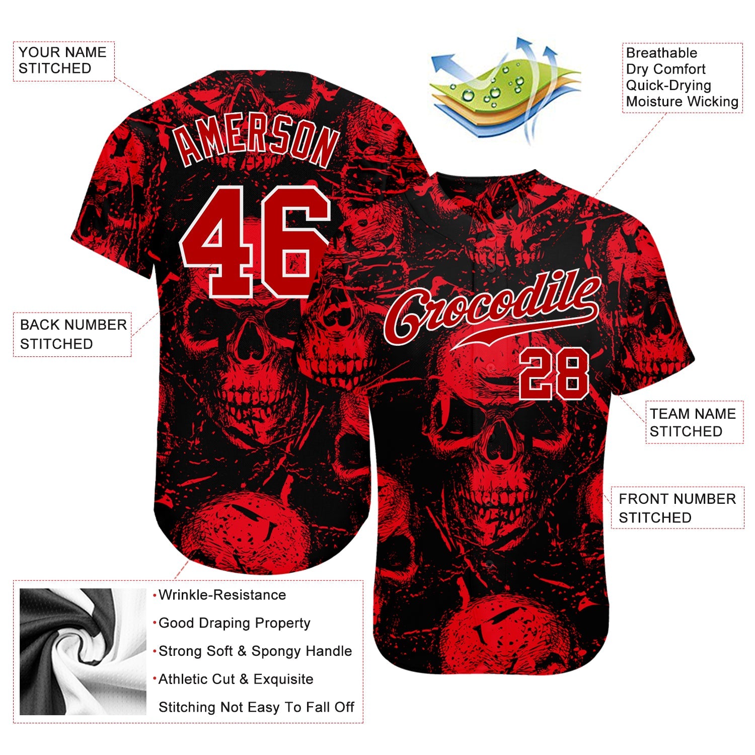 Custom 3D Pattern Halloween Skulls Authentic Baseball Jersey - Sky-Custom