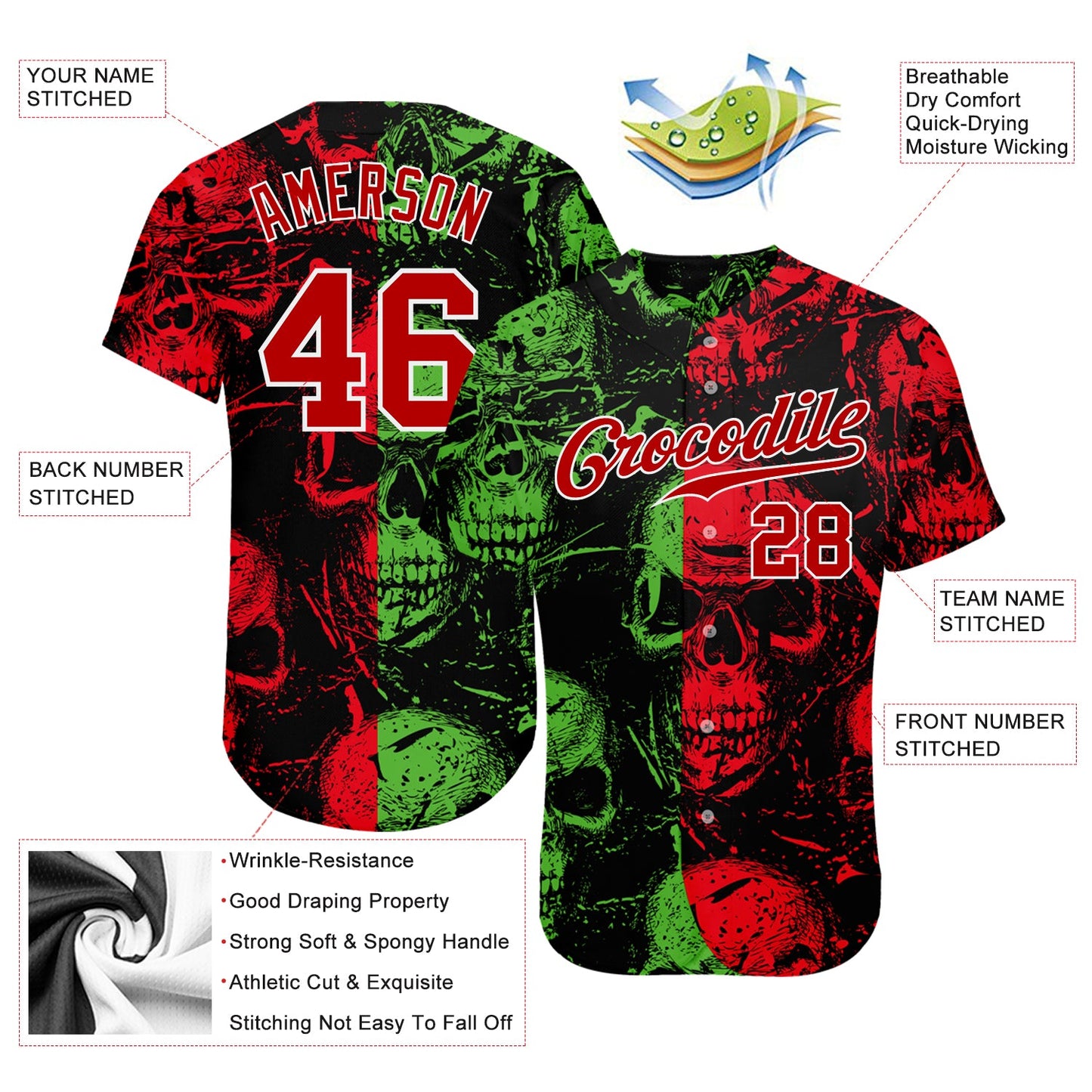 Custom 3D Pattern Halloween Skulls Authentic Baseball Jersey - Sky-Custom