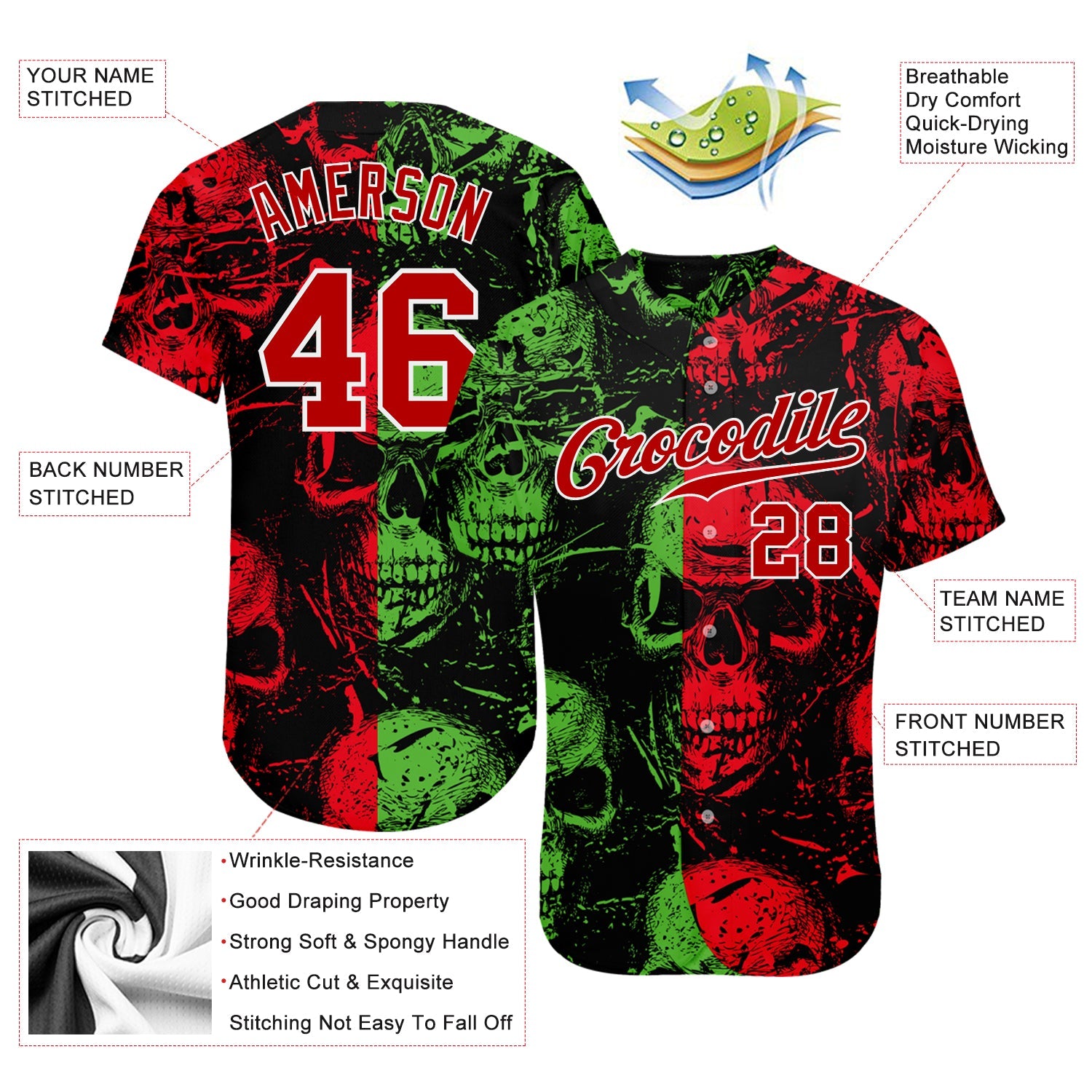 Custom 3D Pattern Halloween Skulls Authentic Baseball Jersey - Sky-Custom