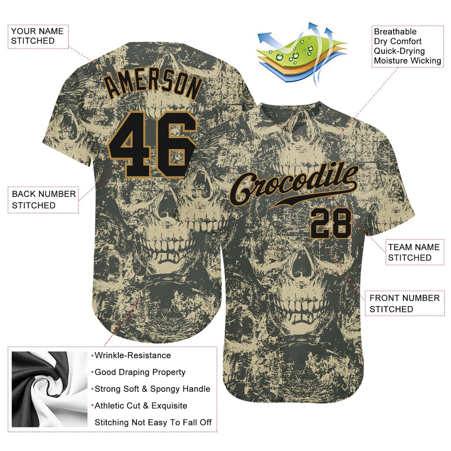 Custom 3D Pattern Halloween Skulls Authentic Baseball Jersey - Sky-Custom