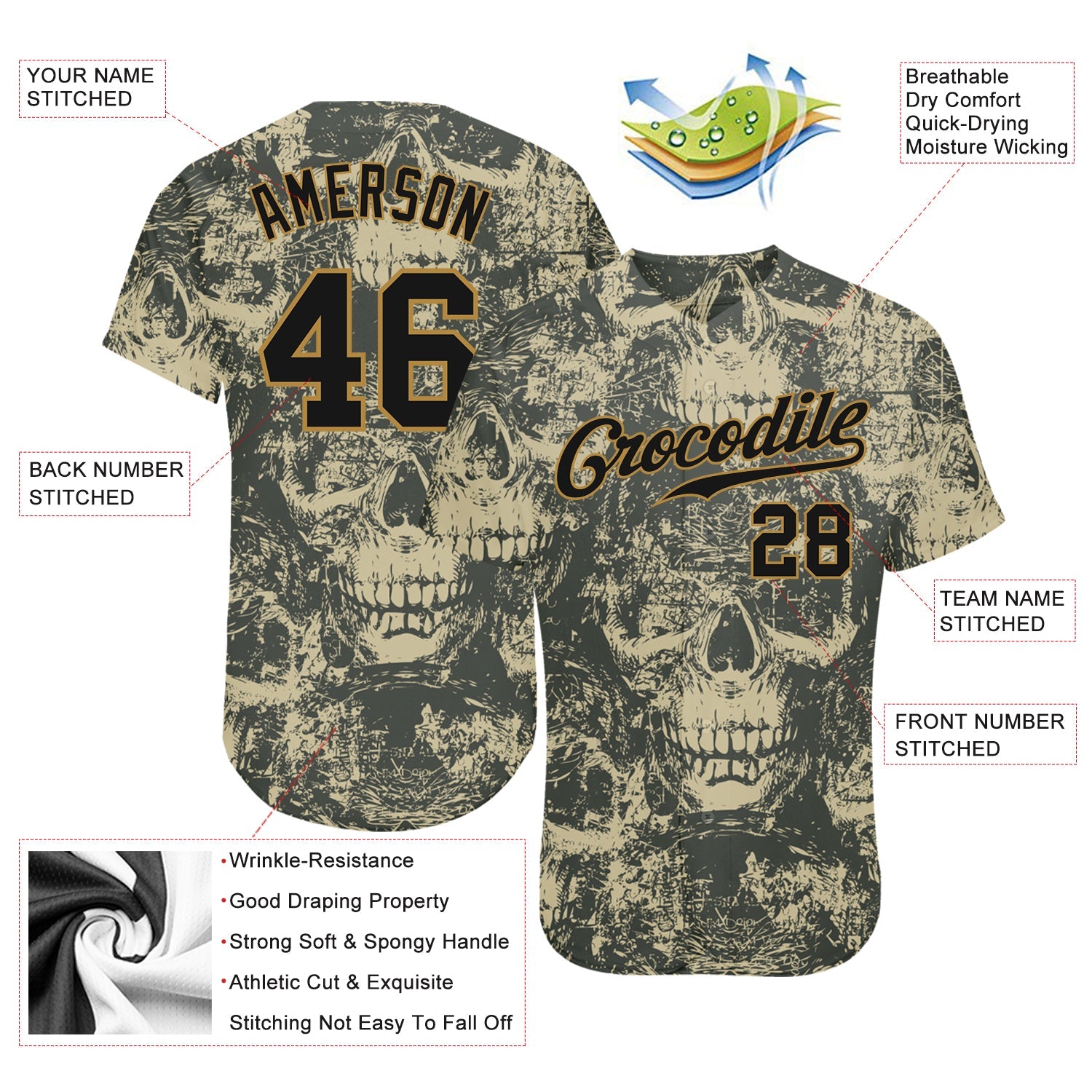 Custom 3D Pattern Halloween Skulls Authentic Baseball Jersey - Sky-Custom