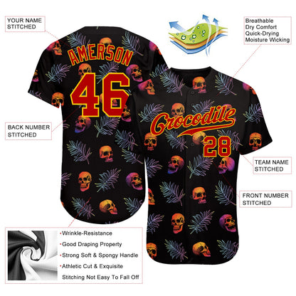 Custom 3D Pattern Halloween Skulls And Palm Leaves Authentic Baseball Jersey - Sky-Custom