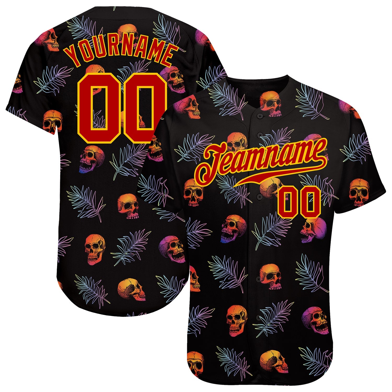 Custom 3D Pattern Halloween Skulls And Palm Leaves Authentic Baseball Jersey - Sky-Custom