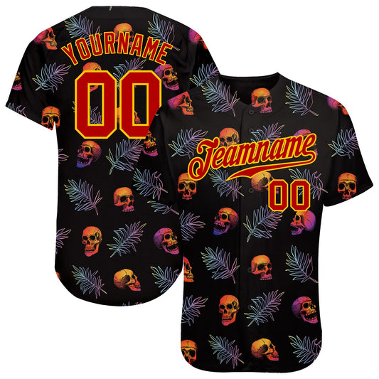 Custom 3D Pattern Halloween Skulls And Palm Leaves Authentic Baseball Jersey - Sky-Custom