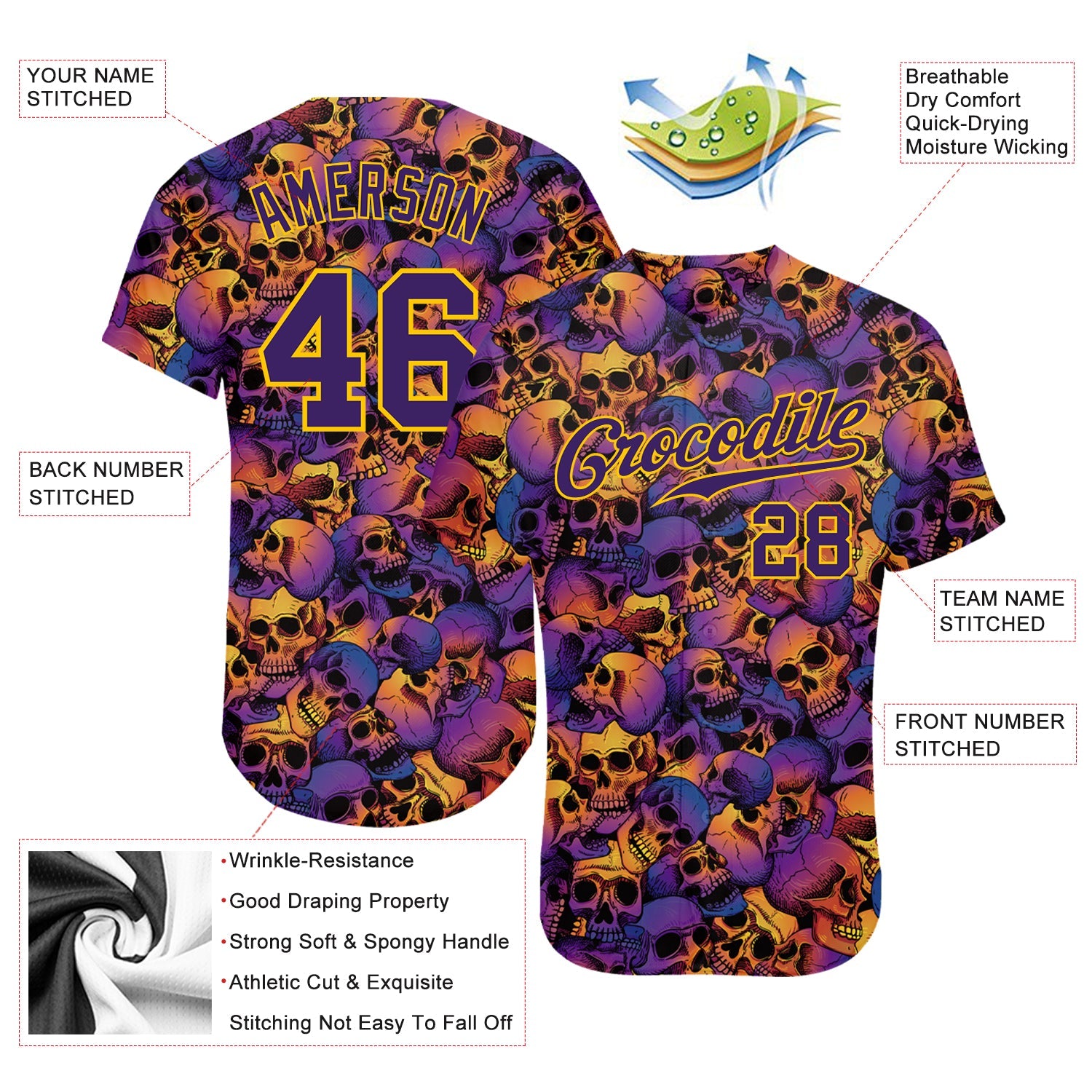Custom 3D Pattern Halloween Skulls Authentic Baseball Jersey - Sky-Custom