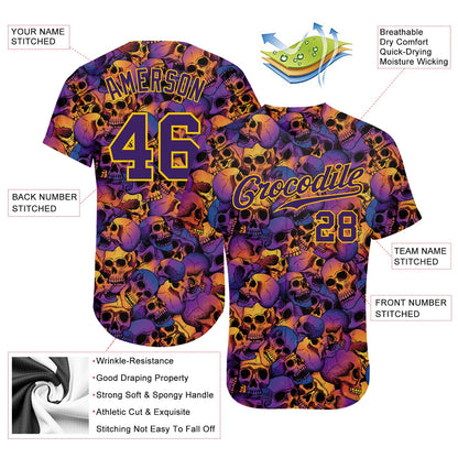 Custom 3D Pattern Halloween Skulls Authentic Baseball Jersey - Sky-Custom