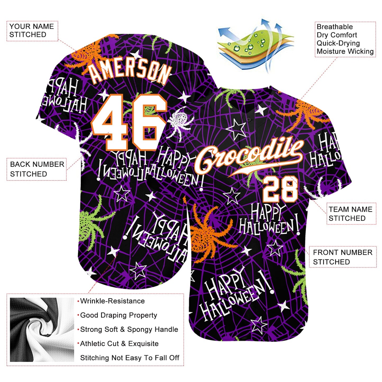 Custom 3D Pattern Happy Halloween Spiders Authentic Baseball Jersey - Sky-Custom