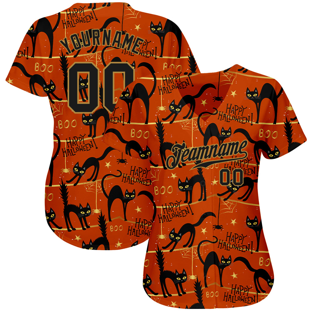 Custom 3D Pattern Happy Halloween Black Cats Spiders Authentic Baseball Jersey - Sky-Custom