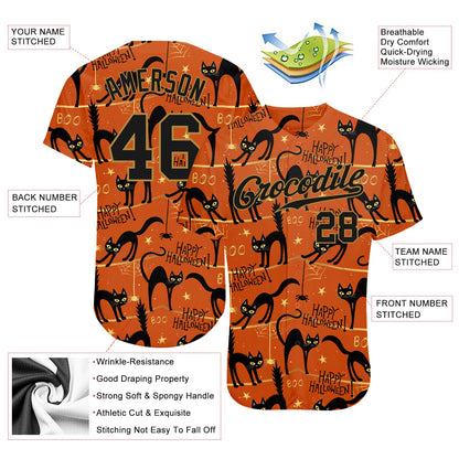 Custom 3D Pattern Happy Halloween Black Cats Spiders Authentic Baseball Jersey - Sky-Custom
