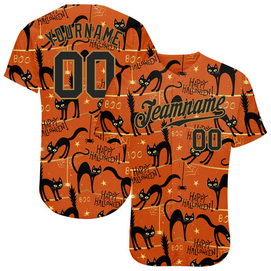 Custom 3D Pattern Happy Halloween Black Cats Spiders Authentic Baseball Jersey - Sky-Custom