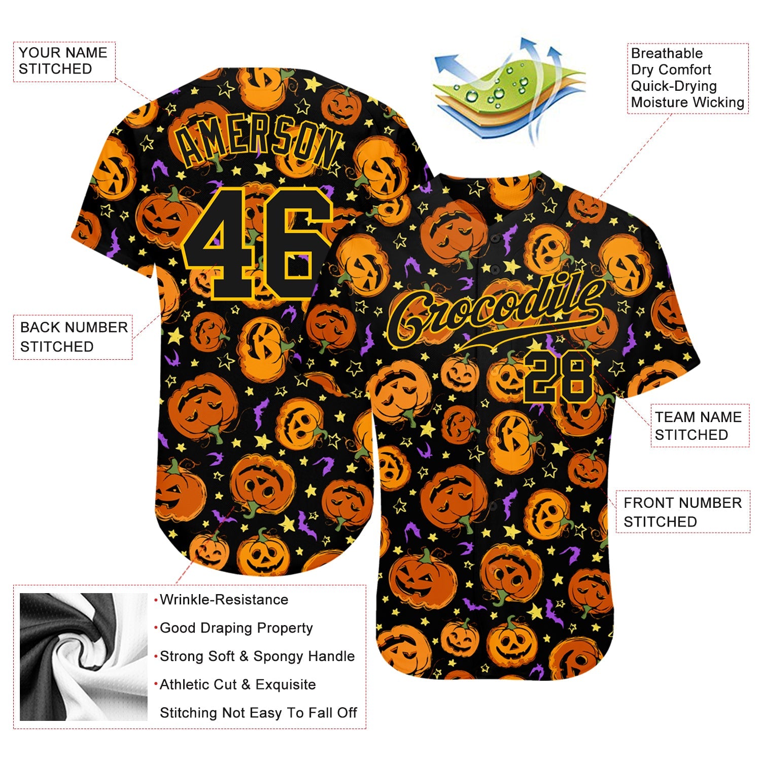 Custom 3D Pattern Halloween Pumpkins Bats Stars Authentic Baseball Jersey - Sky-Custom