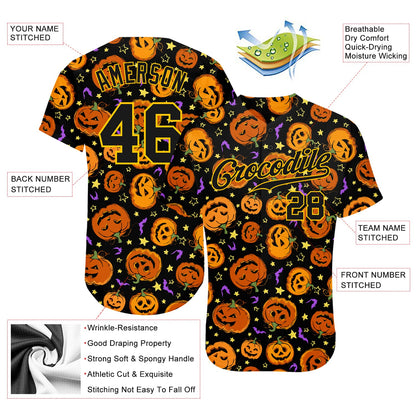 Custom 3D Pattern Halloween Pumpkins Bats Stars Authentic Baseball Jersey - Sky-Custom
