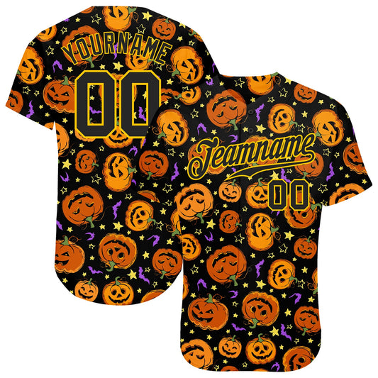 Custom 3D Pattern Halloween Pumpkins Bats Stars Authentic Baseball Jersey - Sky-Custom