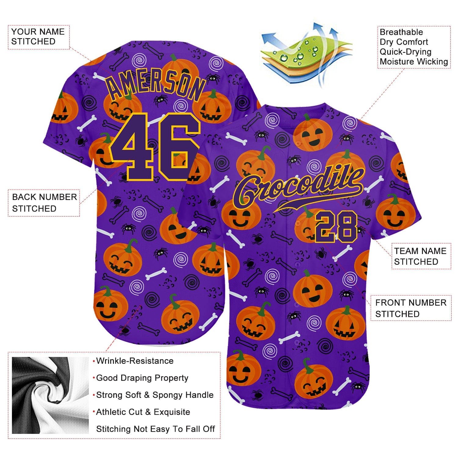 Custom 3D Pattern Halloween Pumpkins Authentic Baseball Jersey - Sky-Custom