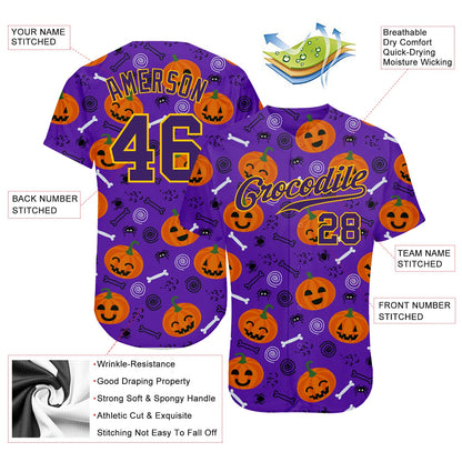 Custom 3D Pattern Halloween Pumpkins Authentic Baseball Jersey - Sky-Custom