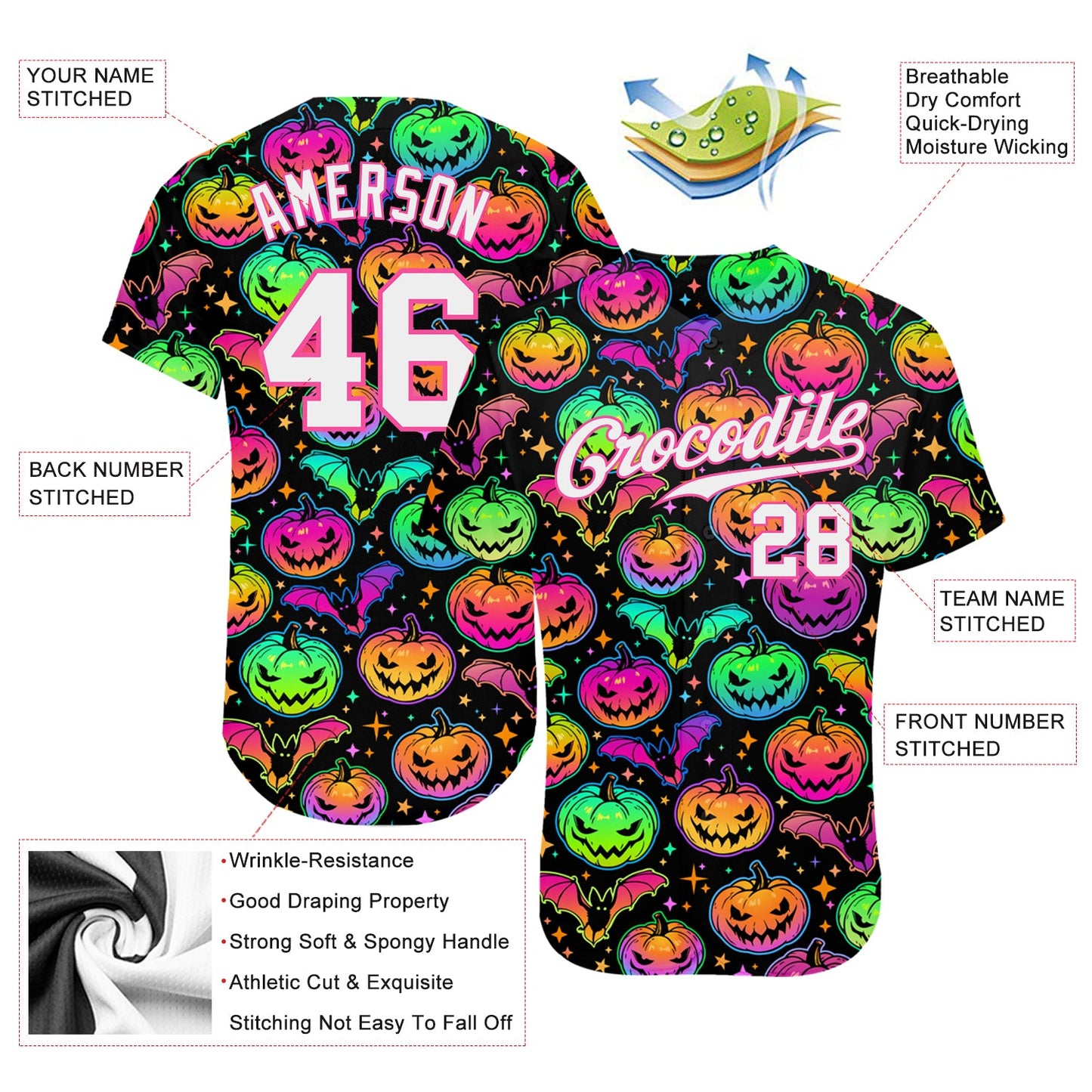Custom 3D Pattern Bright Multicolored Halloween Pumpkins And Bats Authentic Baseball Jersey - Sky-Custom
