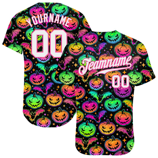 Custom 3D Pattern Bright Multicolored Halloween Pumpkins And Bats Authentic Baseball Jersey - Sky-Custom