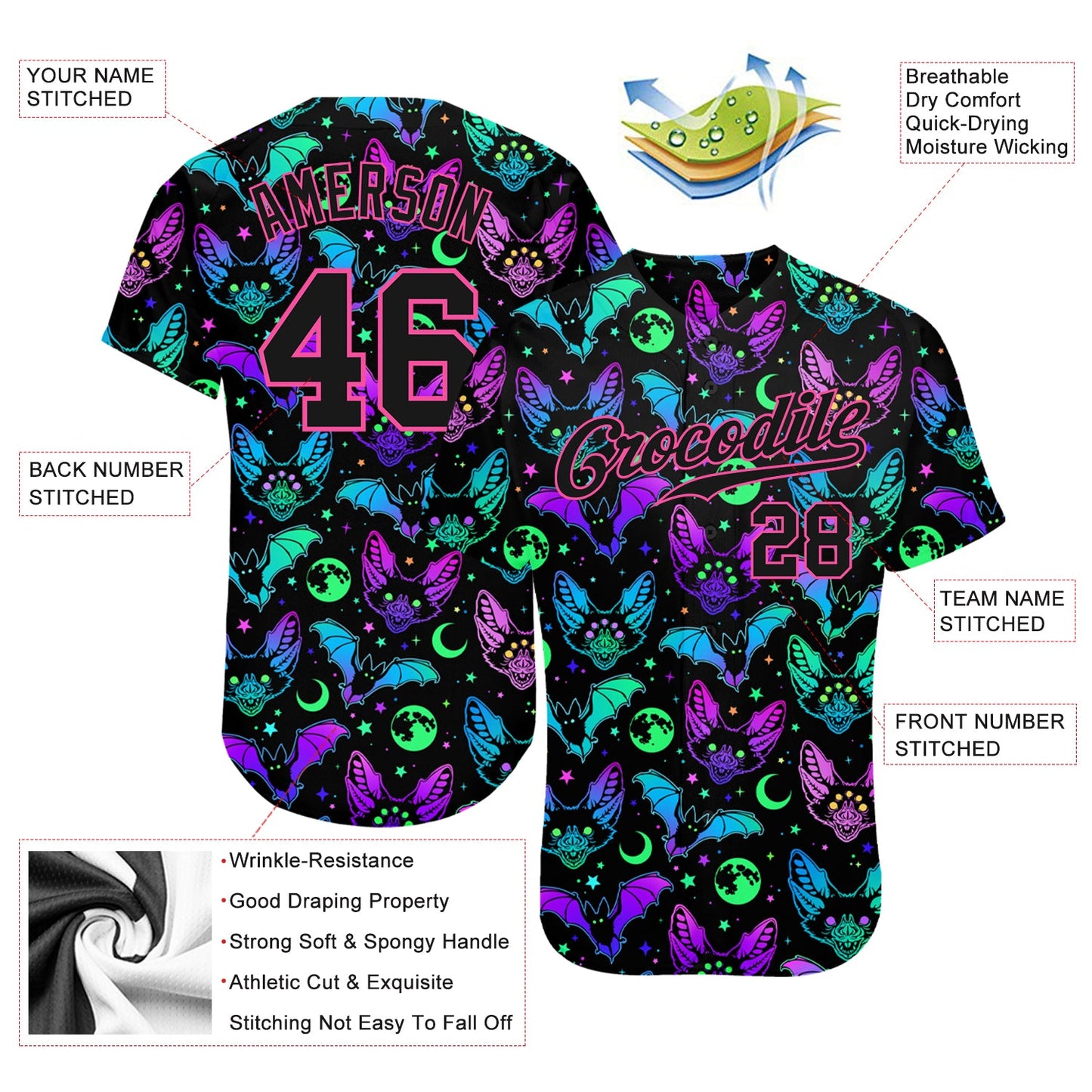 Custom 3D Pattern Bright Multicolored Halloween Bats Authentic Baseball Jersey - Sky-Custom