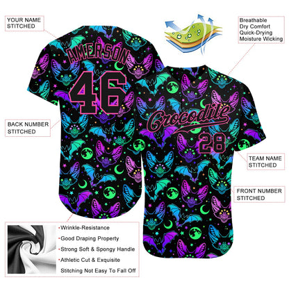 Custom 3D Pattern Bright Multicolored Halloween Bats Authentic Baseball Jersey - Sky-Custom