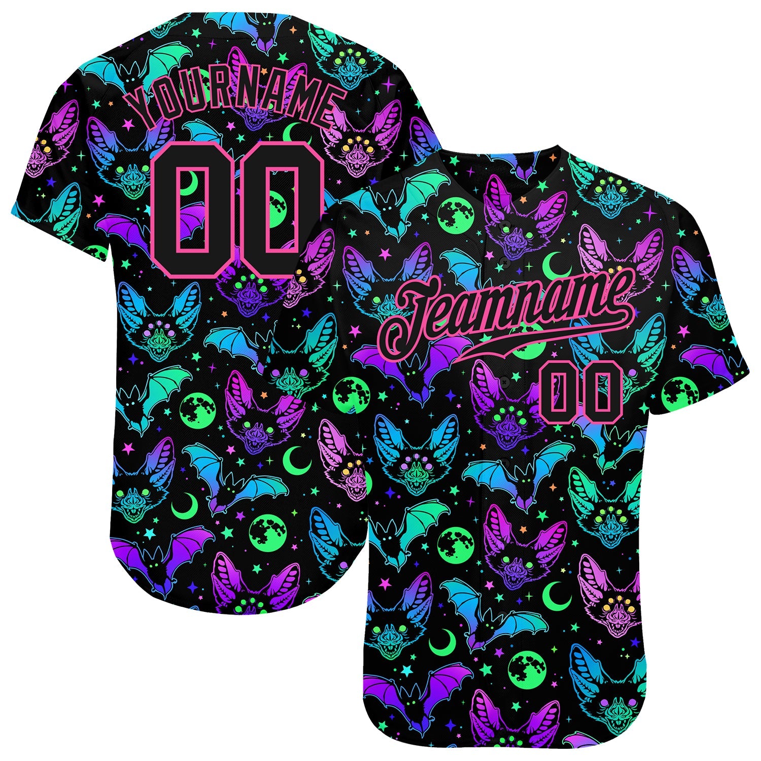 Custom 3D Pattern Bright Multicolored Halloween Bats Authentic Baseball Jersey - Sky-Custom