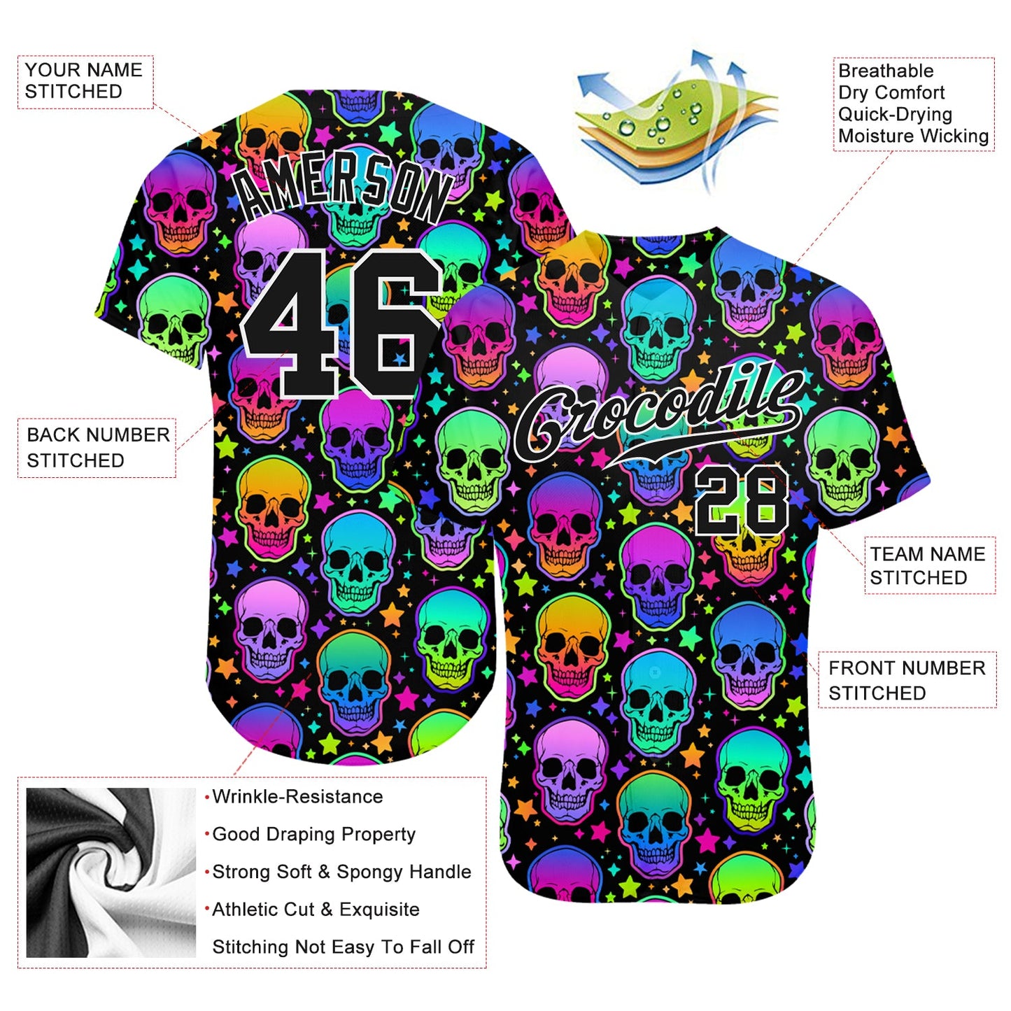 Custom 3D Pattern Bright Multicolored Halloween Skulls Authentic Baseball Jersey - Sky-Custom